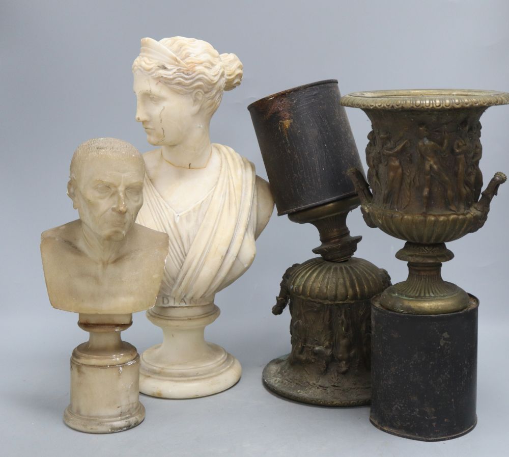 A pair of bronze campana-shaped urns and two alabaster busts, tallest 36cm
